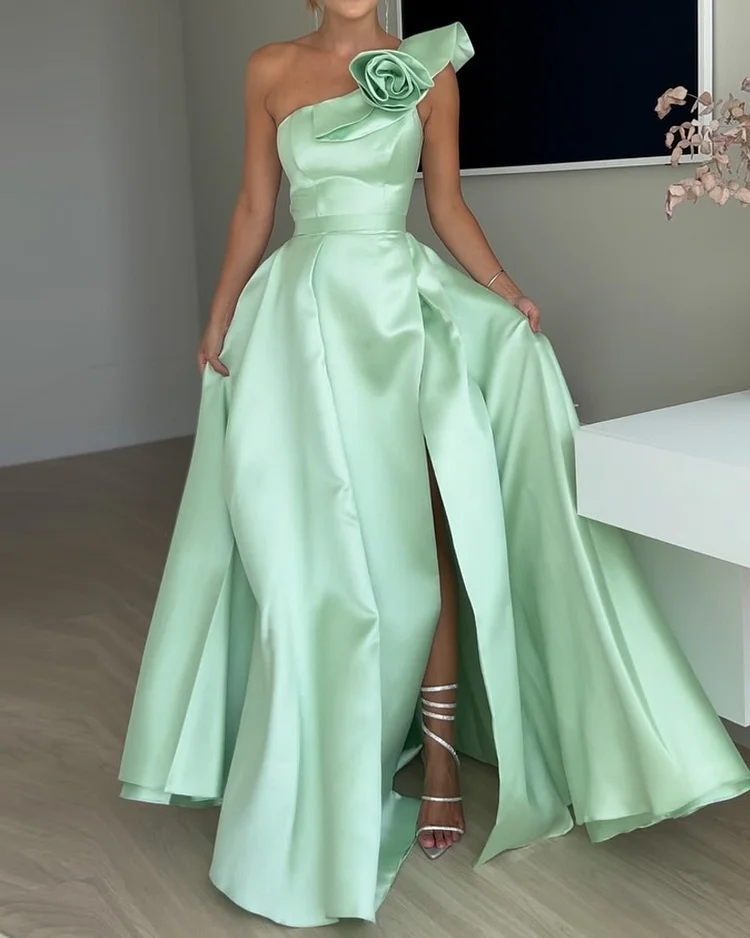 One-shoulder solid color slit elegant silk satin dress