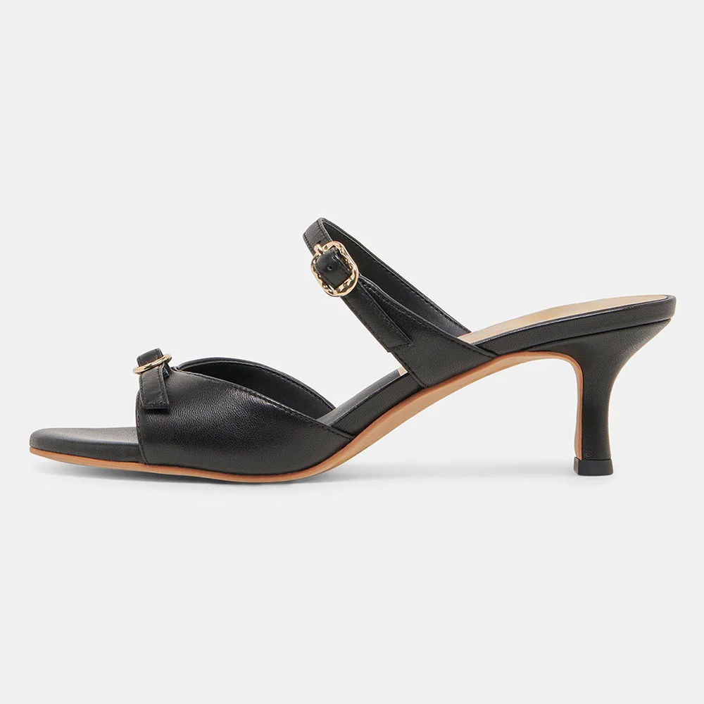 YDN Simple Black Open-Toe Kitten Heeled Mules with Double Buckle