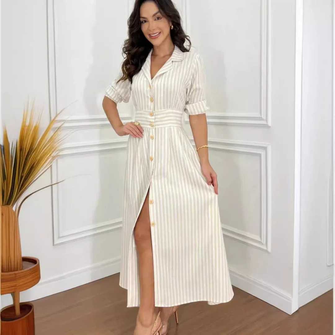 Toloer Toloer New Fashion Stripe Print Elegant Wind Temperament Shirt Dress-Outfit Ideas