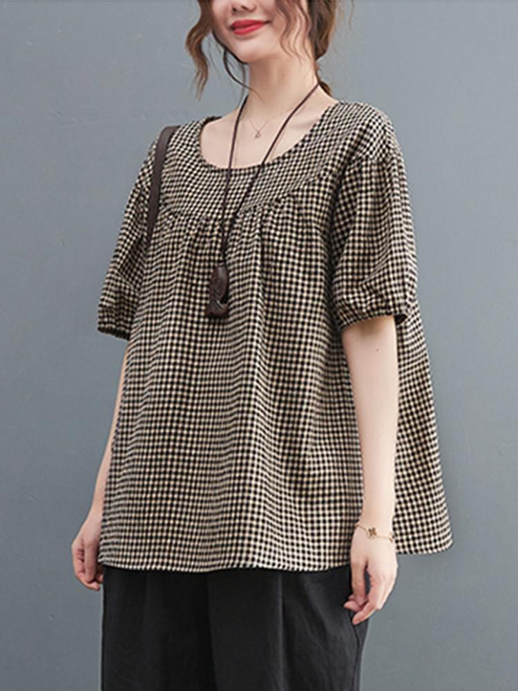 Summer Vintage Style O-neck Plaid Print Loose Cotton T-shirts