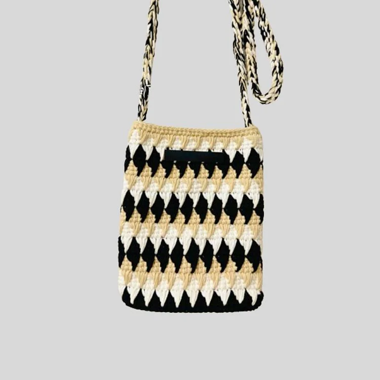 Lulusnow Handmade Beige and Black Classic Striped Patterns Small Shoulder Bag  Crochet Bag