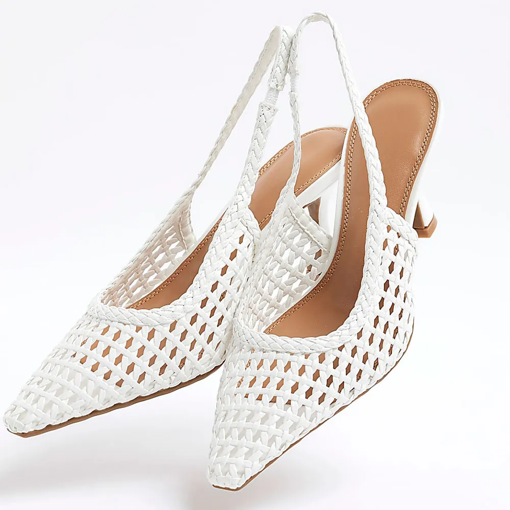 White Pointed Toe Woven Wedding Slingback Heels with Cut-Outs