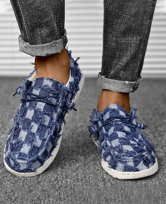 Casual Grid Lace Up Denim Canvas Moccasin Shoes 