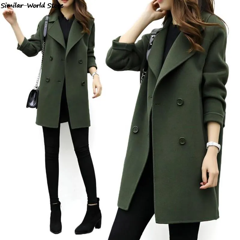 Women Wool Blend Warm Long Coat Plus Size Female Slim Fit Lapel Woolen Overcoat Autumn Winter Cashmere Outerwear