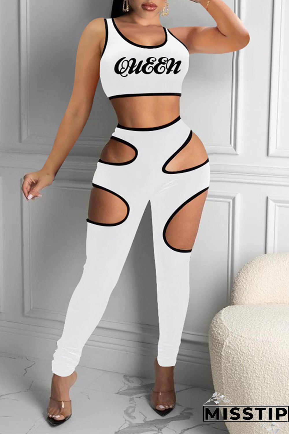 Grey Sexy Casual Letter Print Hollowed Out O Neck Sleeveless Two Pieces