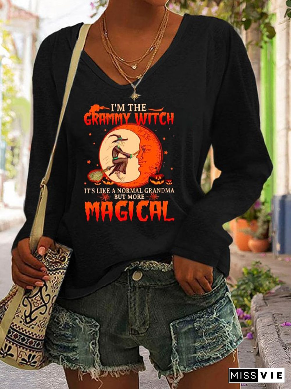 Women's I'm the Grammy Witch Print V-Neck Long Sleeve Top