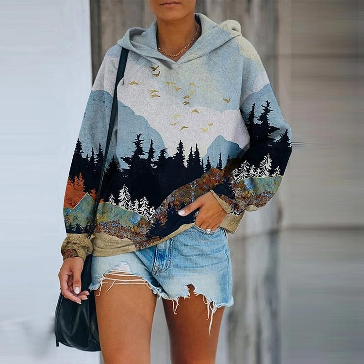 Artwishers Printed Loose Casual Hooded Pullover Sweater