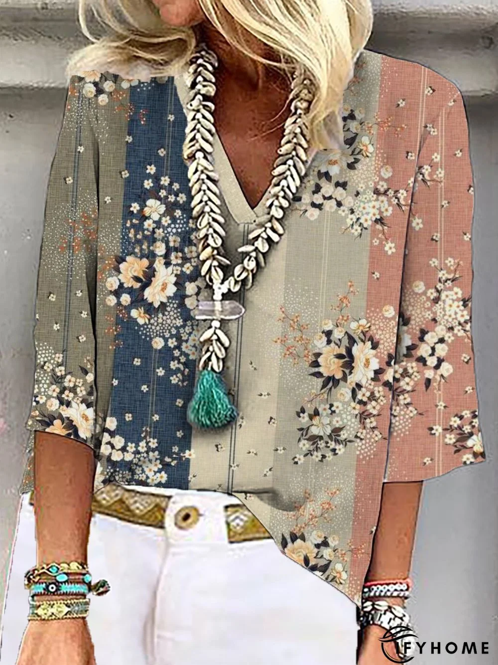 Casual Floral Three Quarter V Neck Printed Top | IFYHOME