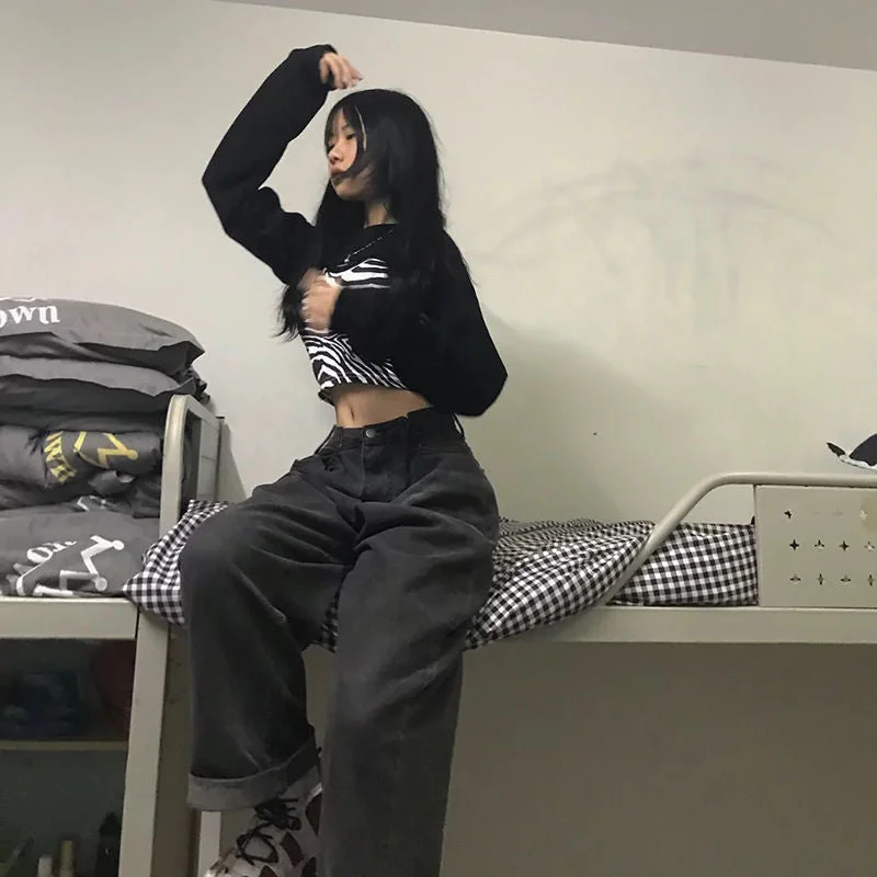 Women Jeans Vintage Adjustable High Waist BF Oversize Wide Leg Trousers Autumn New Ins All-match Streetwear Retro Korean Chic