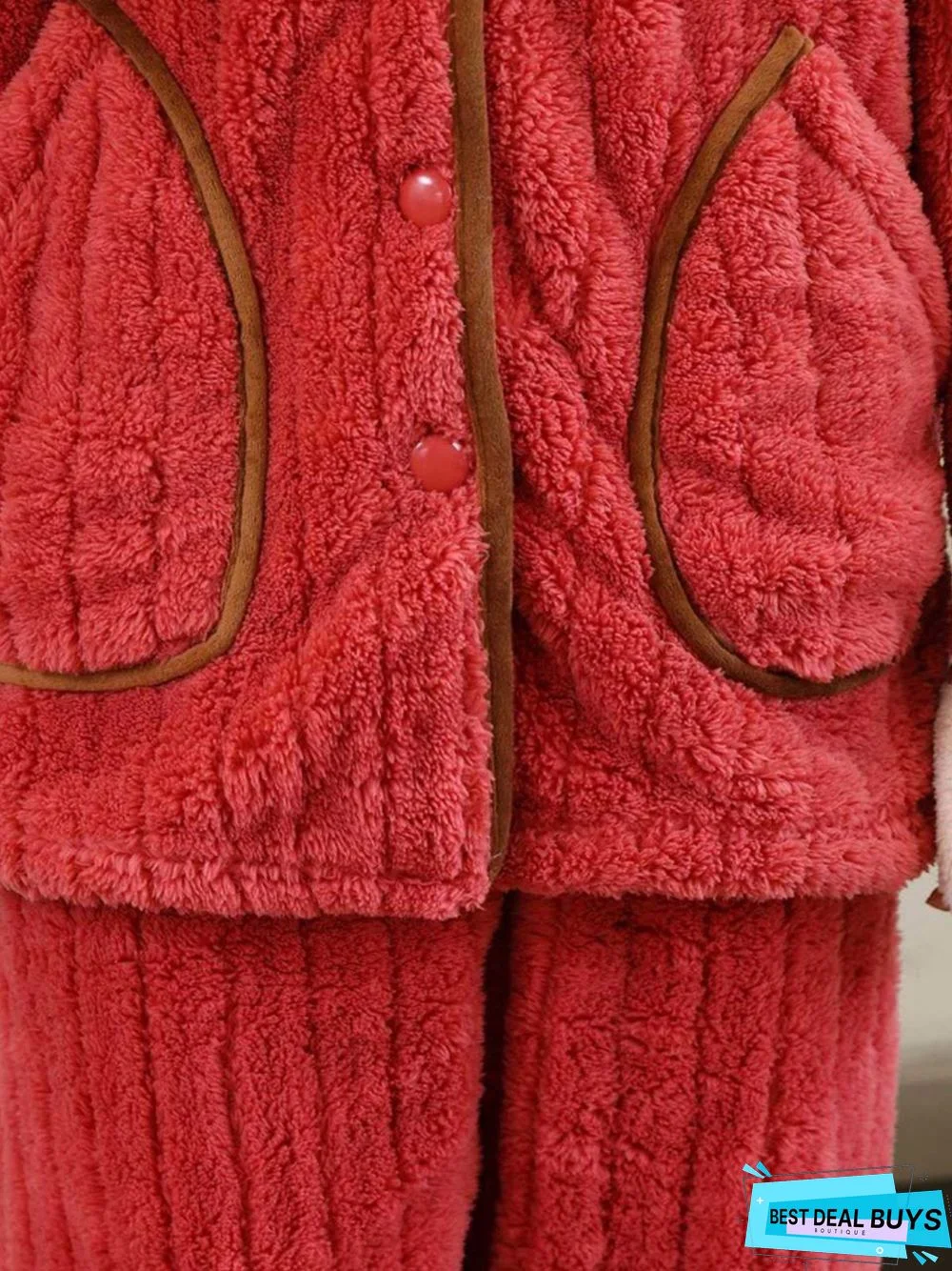 Colorblock Lapel Coral Fleece Home Warm Loose Plus Size Pajama Set