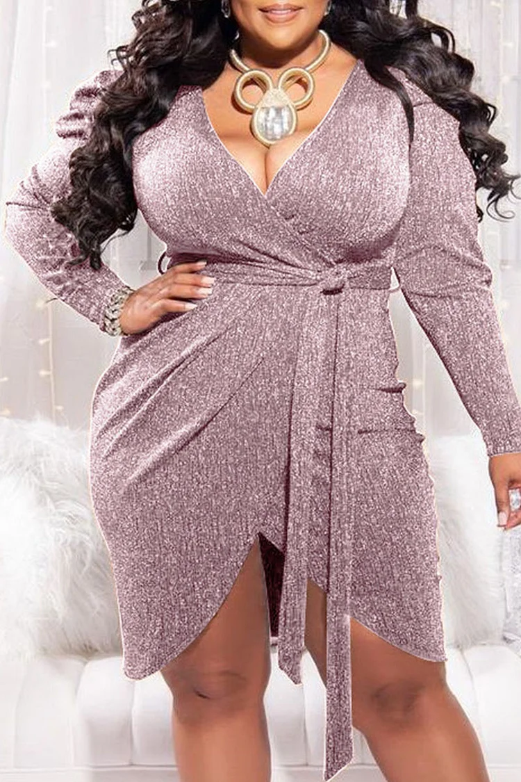 Light Purple Sexy Solid Split Joint With Belt Asymmetrical V Neck Irregular Dress Plus Size Dresses