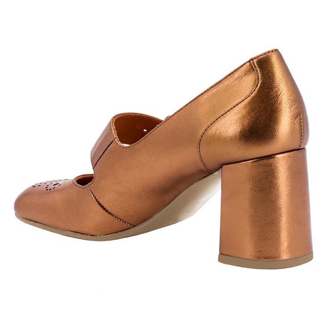 Bronze Metallic Touch Vegan Leather Square Toe Block Heel Mary Janes