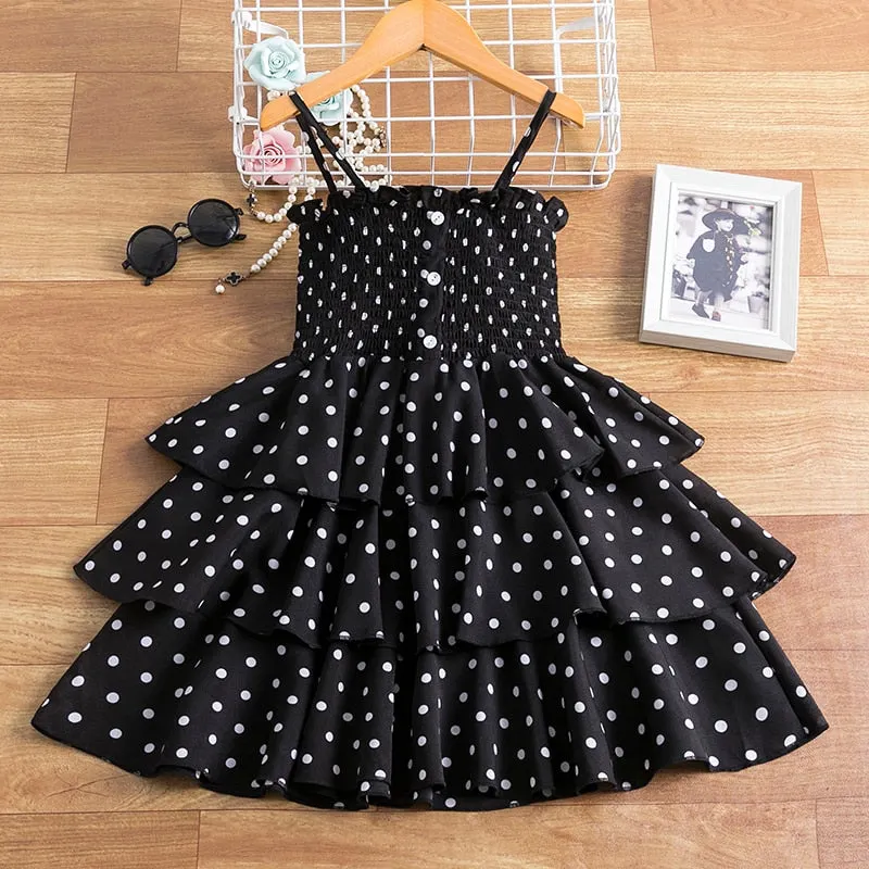 Summer Fancy Pretty Girl Colorful Dots Dress Birthday Party Princess Dress Lace Ball Gown Elegant Dress Casual Dress Size 3-8T