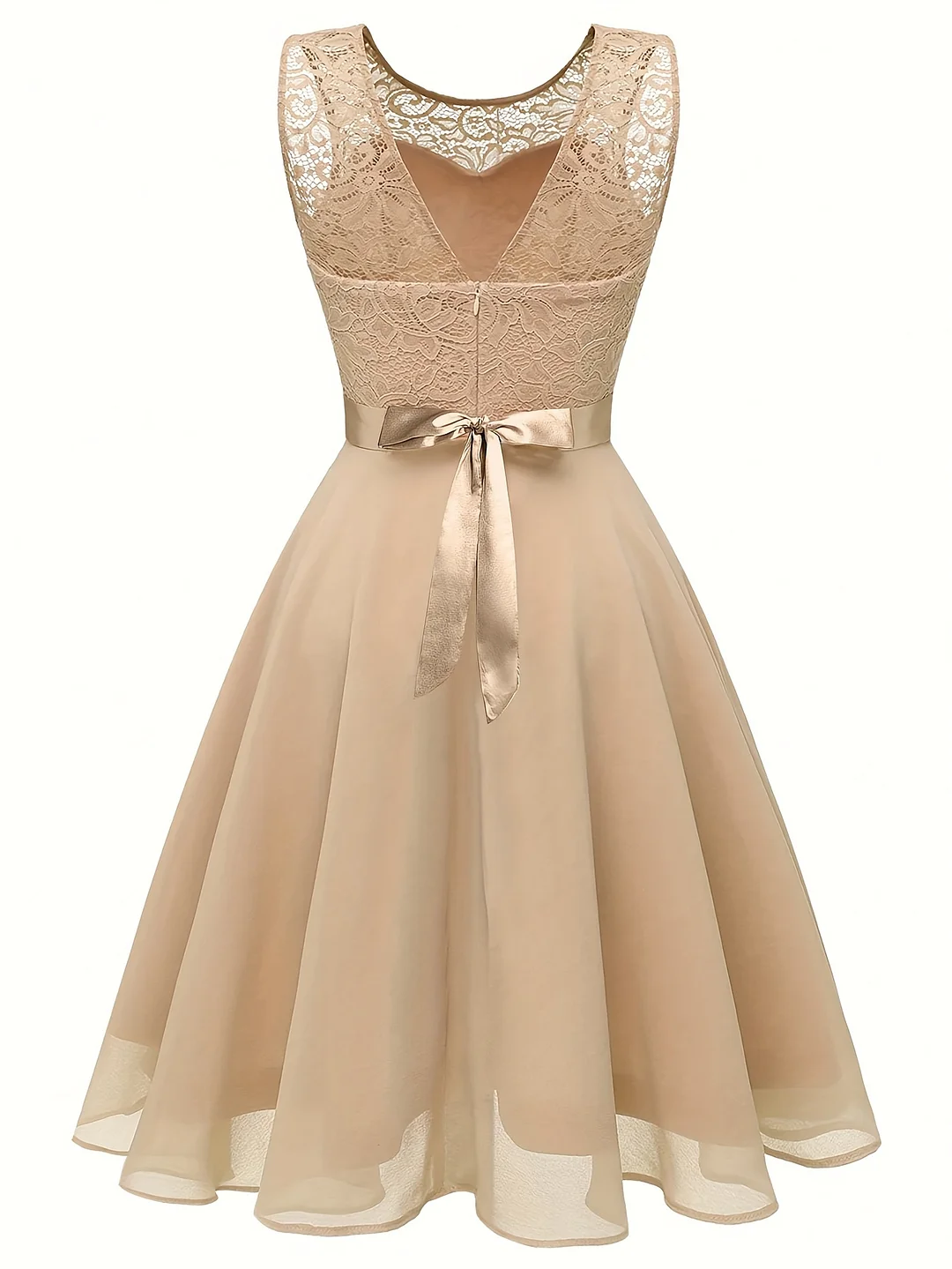 Polyester Elegant Sleeveless A-Line Dress For Women | Lace-Trimmed, Crew Neck, All-Season Wear, Adult Dress, Aline Silhouette, Lace Detailing - Beige | IFYHOME