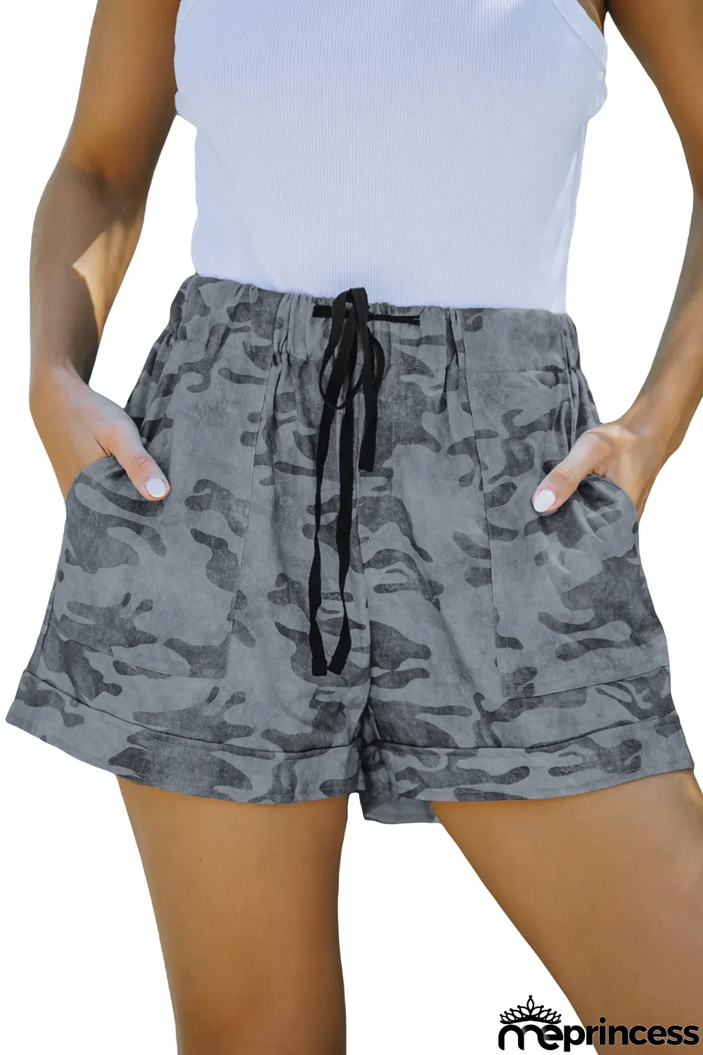 Camouflage Print Drawstring Casual Elastic Waist Pocketed Shorts