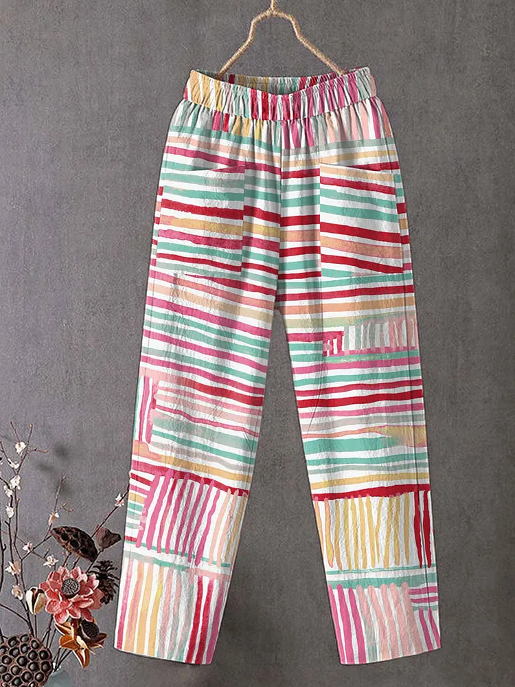 Women's Vintage Abstract Geometric Art Print Cotton And Linen Casual Pants