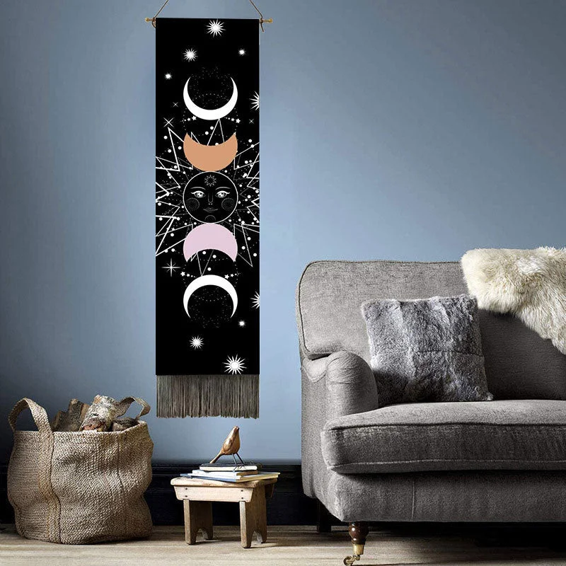 Home Sun Moon Scroll Drawing Decor Macrame Tassel Hand-Woven Wall Hanging Tapestry Tarot Bedroom Art Background Cloth Tapesry