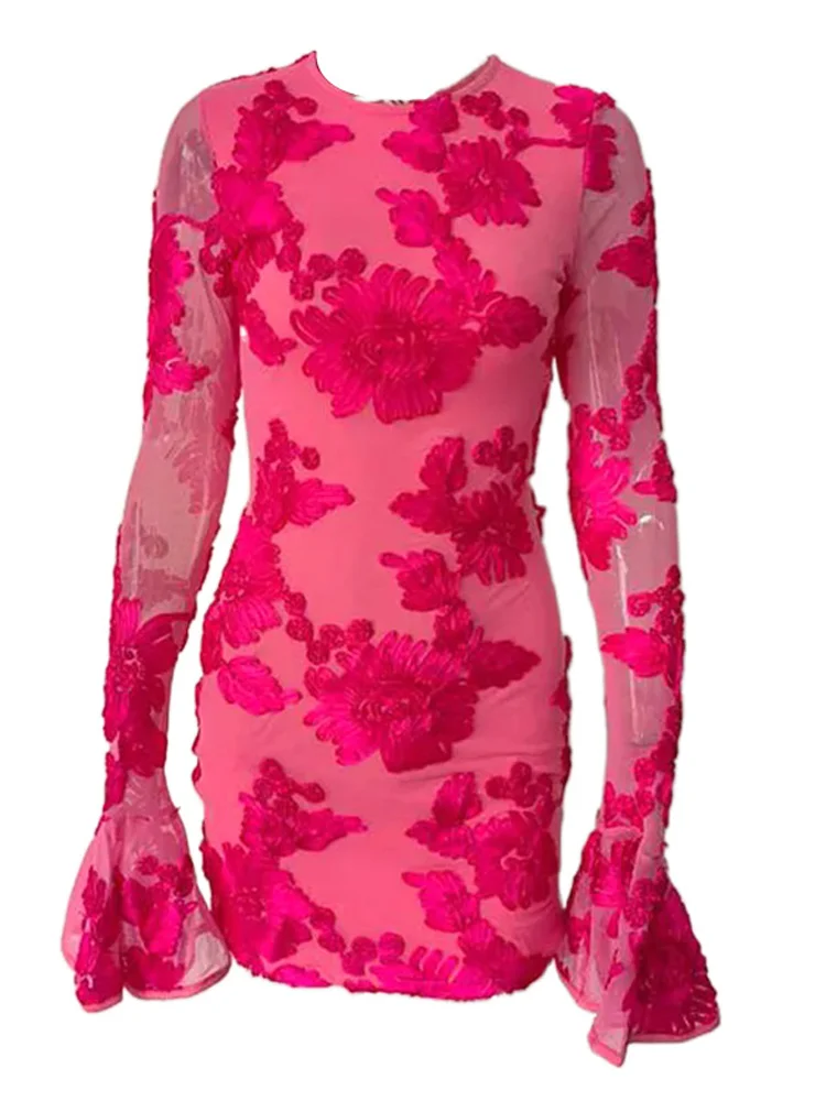 Women Long Sleeve Embroidered Glam Rose Pink Floral Backless Short Party Dress Elegant Party Mini Dresses