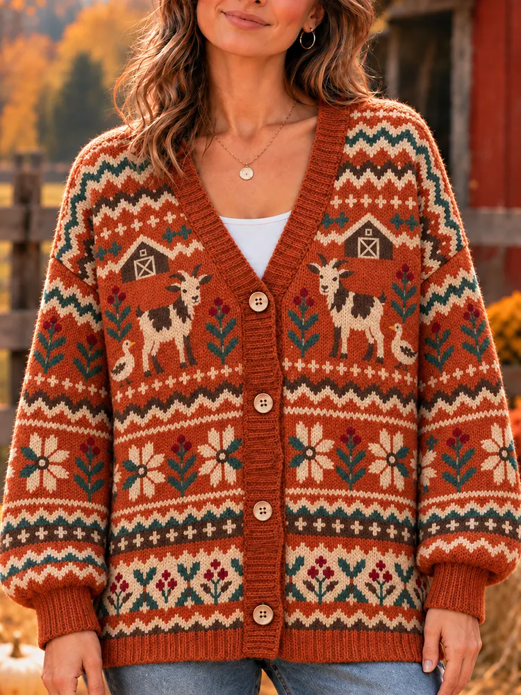 Comstylish Women's Goat, Barn, Floral And Nordic Pattern Knit Cardigan