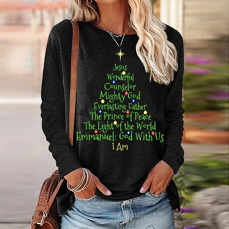 Wearshes Fashion Christmas Tree Letter Print Round Neck T-Shirt