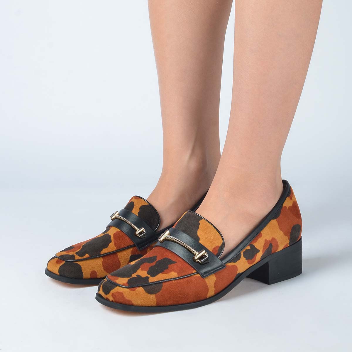 Brown Cow Pattern Loafers Casual Chunky Heels With Chain
