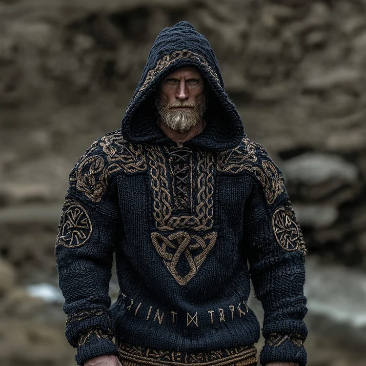 Men's Viking Celtic Knot Jacquard Art Hooded Cozy Sweater