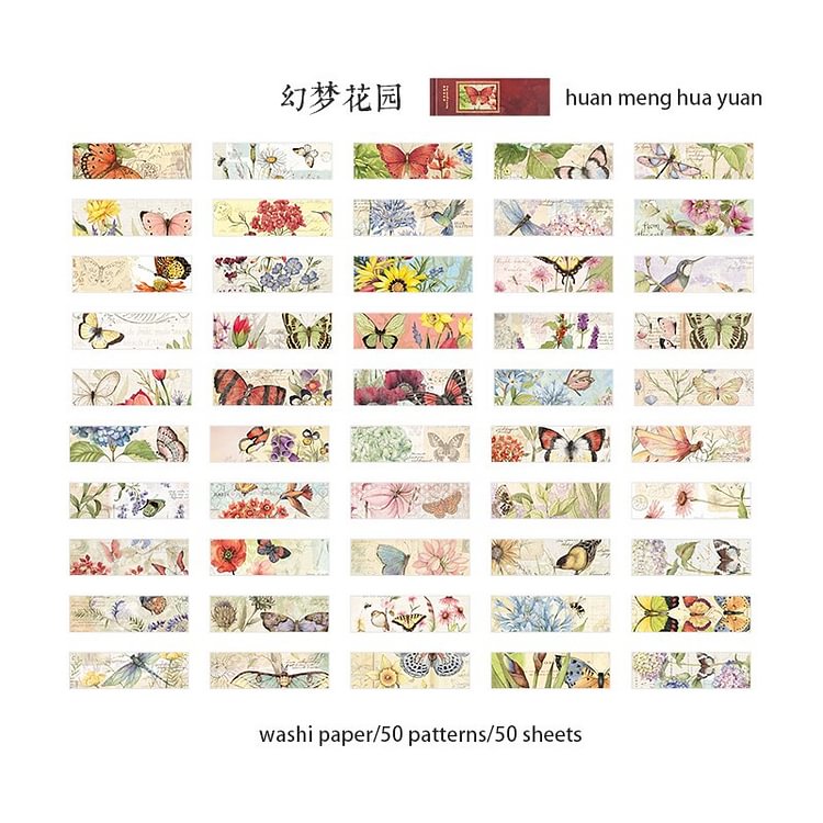 JOURNALSAY 50 Pcs Retro Material Long Stickers Kawaii Butterfly Plant Scrapbooking