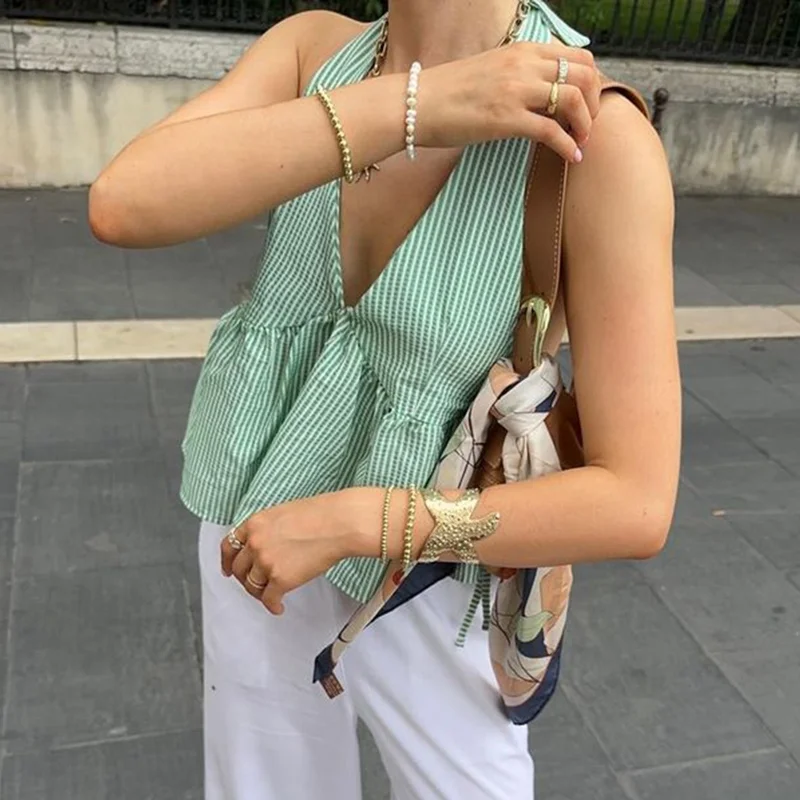 Women Holiday Plaid Babydoll Tank Tops Coquette Tie-up Halter Neck Sleeveless Vest Summer Backless Crop Tops