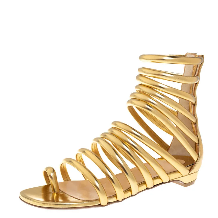 Gold Metallic Strappy Low Heel Toe Ring Gladiator Sandals for Women |FSJ Shoes
