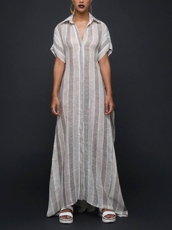 Short Sleeve Striped Cotton Linen Maxi Dress