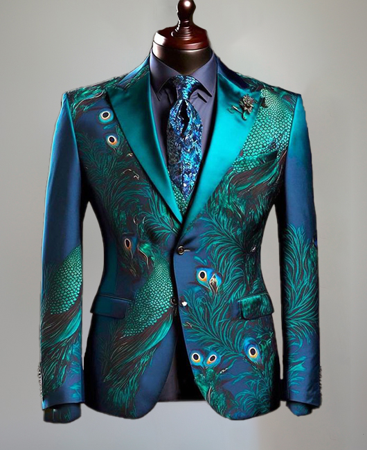 Satin Peacock Pattern Lapel Collar Two Button Blazer