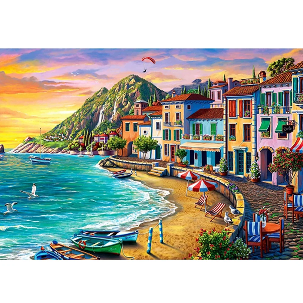 16CT Full Stamped Cross Stitch - Beachside City(Canvas|60*45CM)
