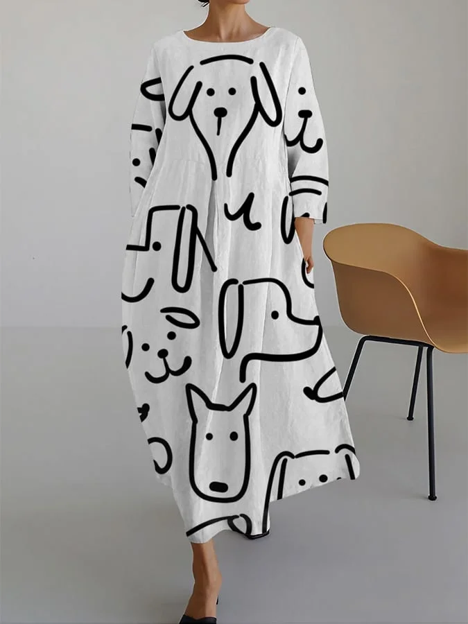 Women's Funny Dog Print Casual Loose Dress (With Pockets On Both Sides)