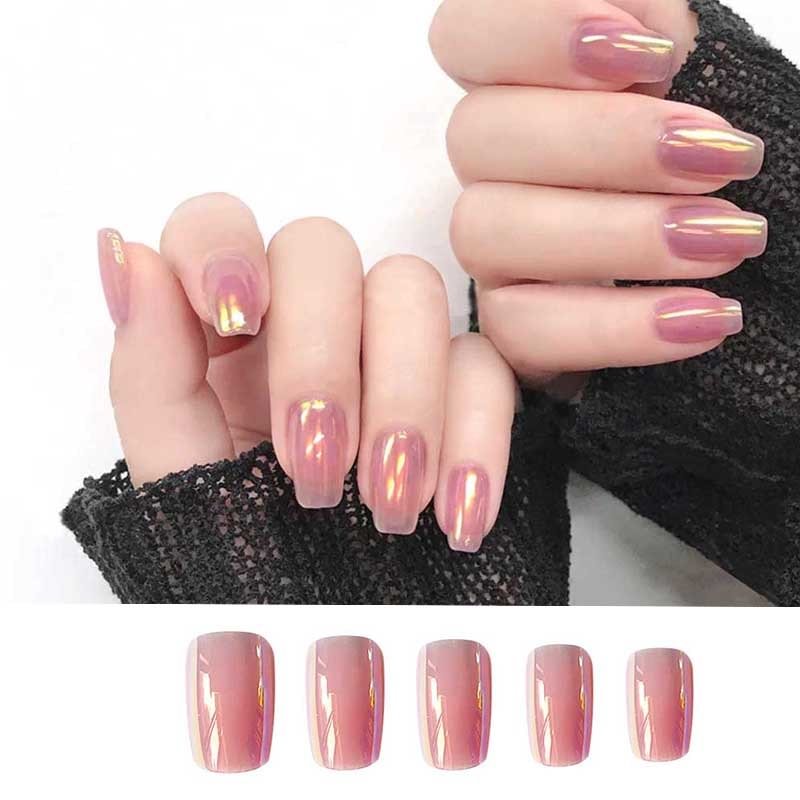 24PCS Fashionable Pink Metal Fake Nail press on Wearable Square Shape Glue model Decorated Finished Fake Nail with glue Product