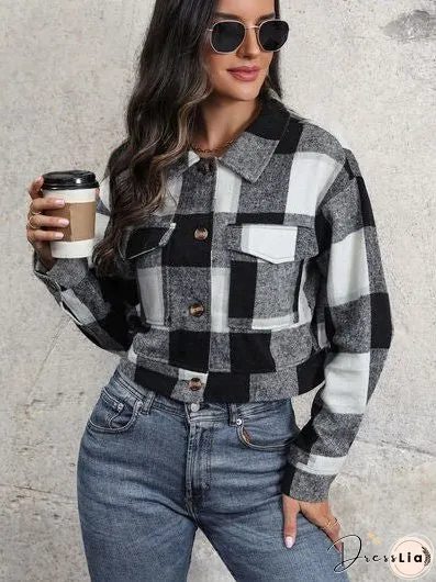 Plaid Button Up Drop Shoulder Cropped Jacket