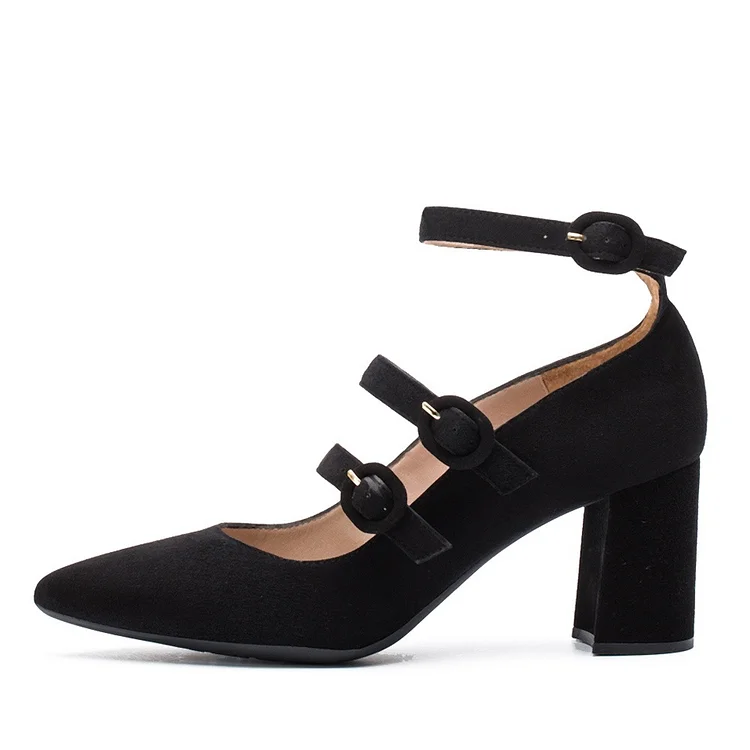 Black Vegan Suede Mary Jane Shoes Buckles Block Heels Pumps |FSJ Shoes