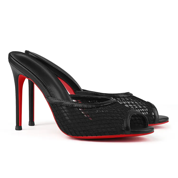 100mm Women's Sandals Pointed Toe Muslin Matte Mules Red Bottom Heels Slip On Stilettos VOCOSI VOCOSI