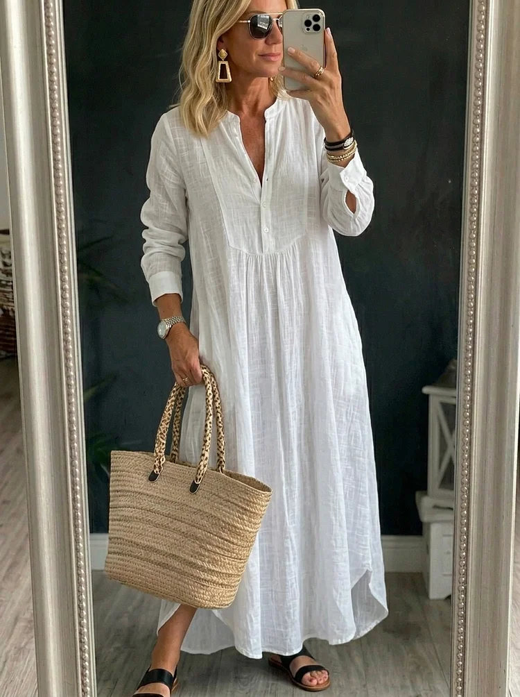 Women&rsquo;s Casual Long Sleeve Loose Cotton Maxi Dress