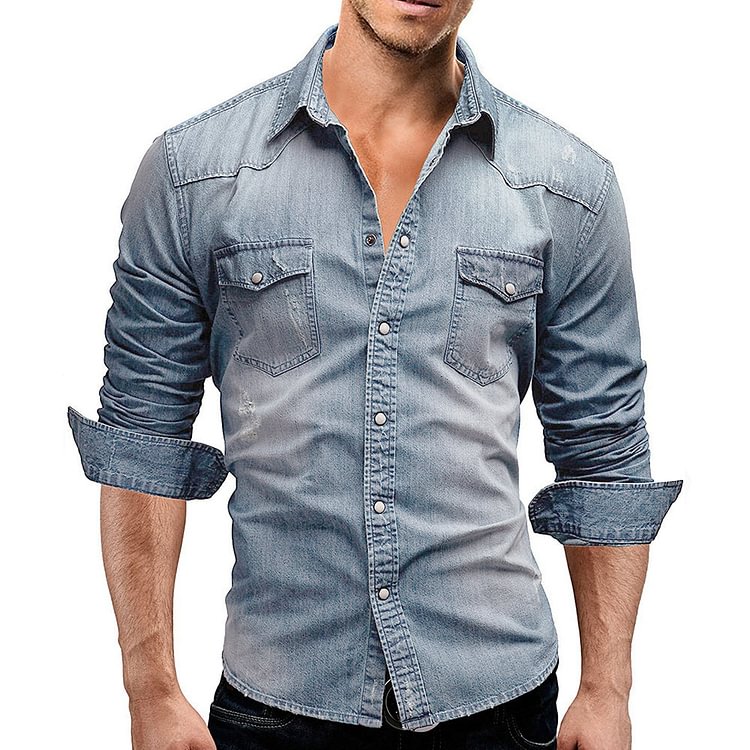 Luckstylish™ Men's Long Sleeve Lapel Pocket Denim Shirt