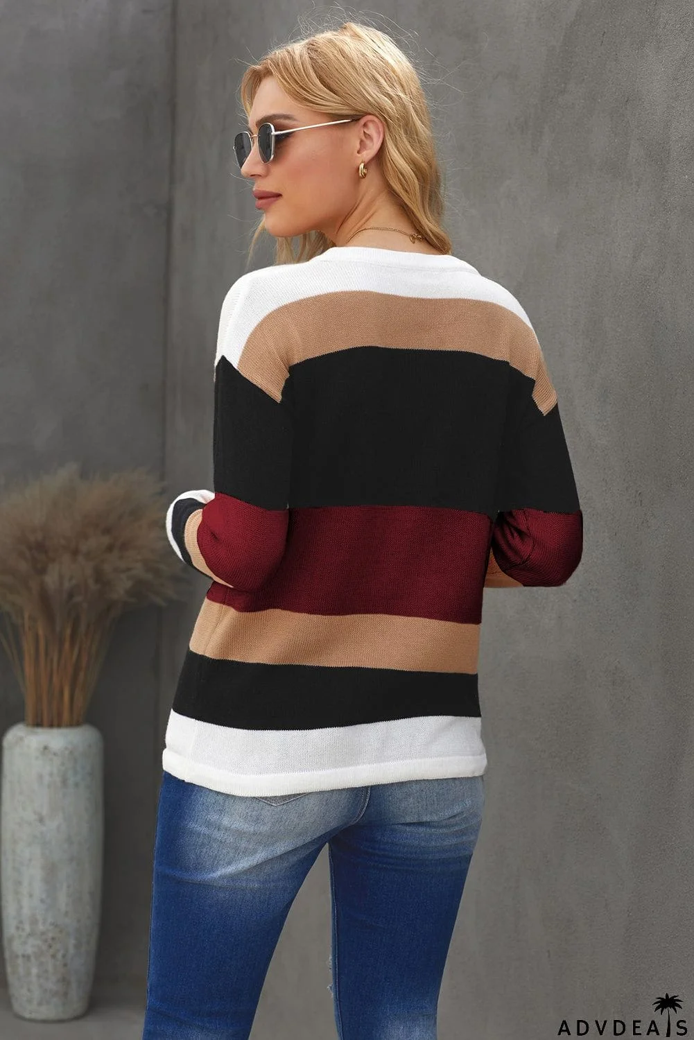 Round Neck Color Block Dropped Shoulder Knit Top