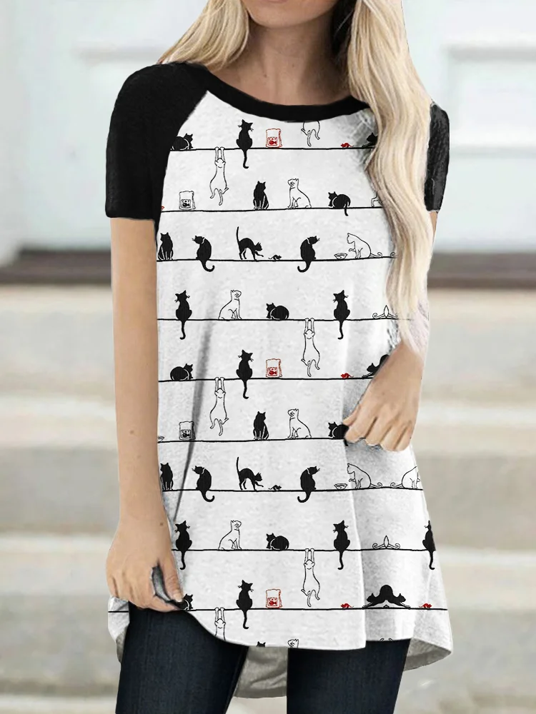 Cats Striped Contrast Color A Line T Shirt