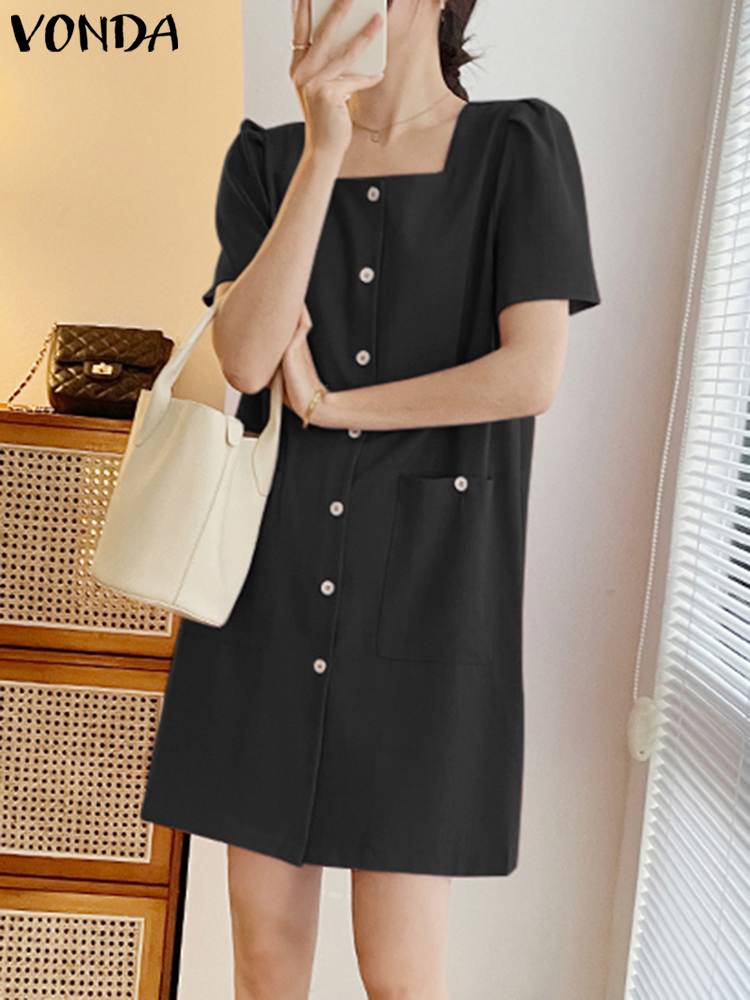 VONDA Women Party Dress 2023 Casual Puff Sleeve Solid Color Elegant Party Dress Bohemian Square Collar Sundress Loose Robe
