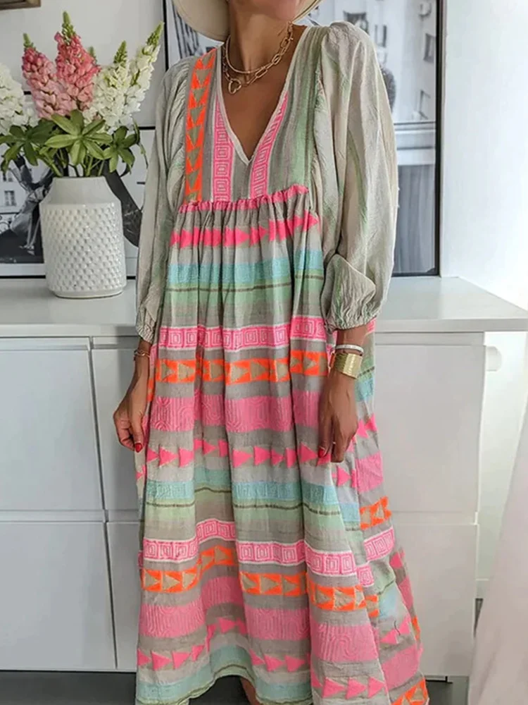 New fashionable pullover deep V-neck loose puff sleeve colorful casual dress