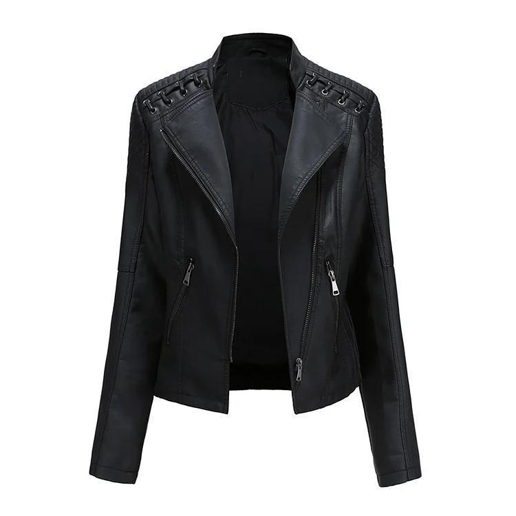 PASUXI Women's Faux Leather Jacket Black Motorcycle Moto Biker Short Coat huanwei