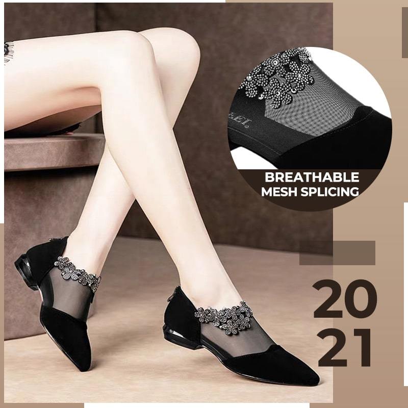  thdmladies Rhinestone Hollow Chunky Heel Shoes thedmladies