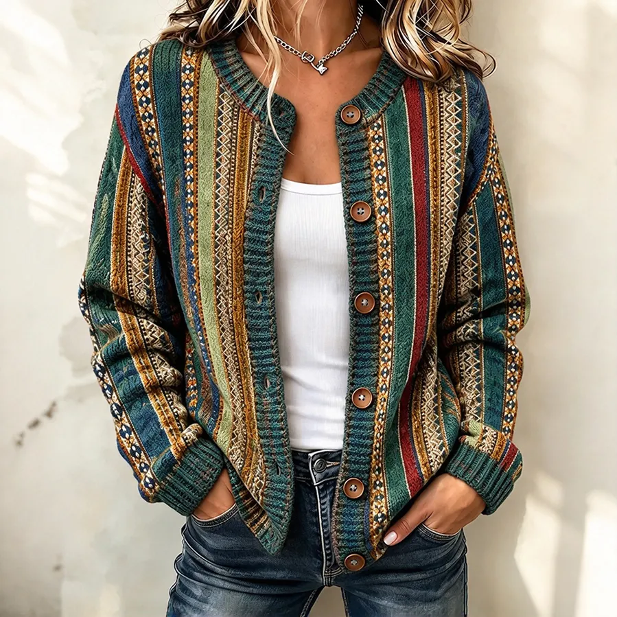 Comstylish Women's Retro Stripes Art Print Knit Button Cardigan