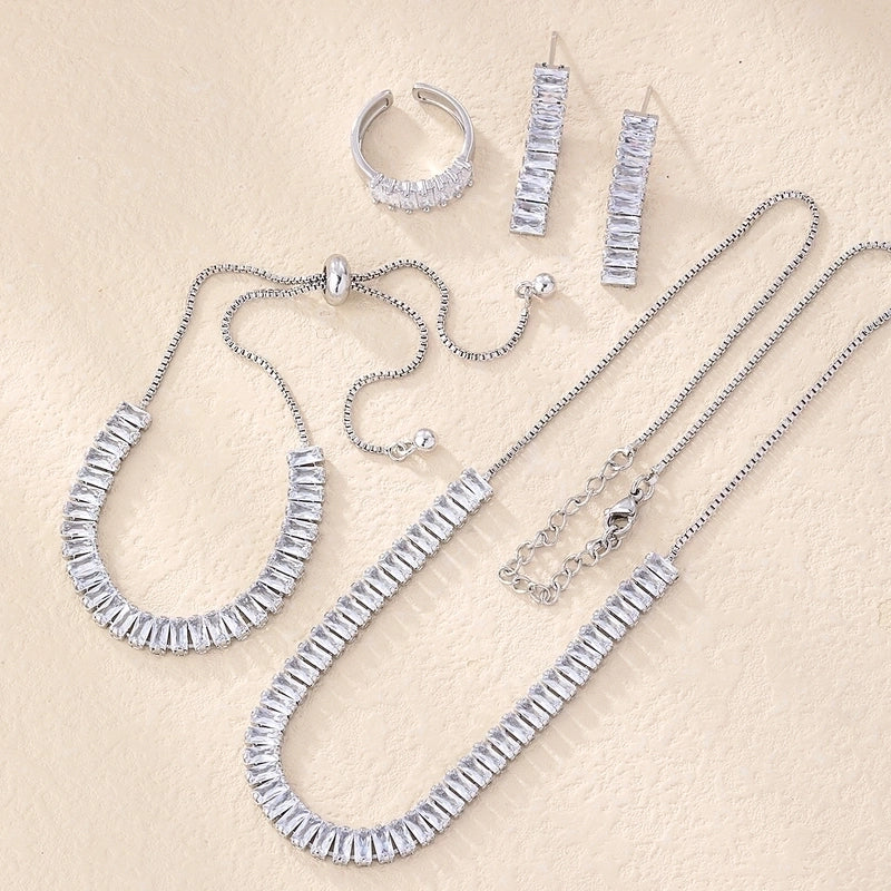 304 Stainless Steel Copper Rhodium Plated Minimalist Shiny Inlay Geometric Rectangle Zircon Rings Earrings Necklace