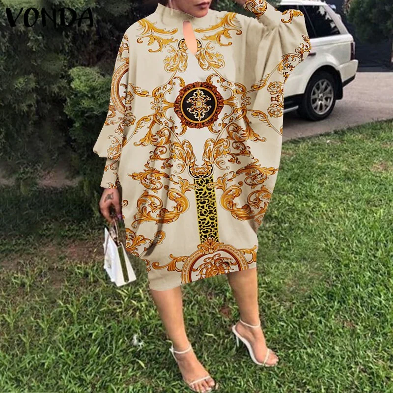 Toloer Knee-Length Dress 2022 VONDA Women Long Sleeve O Neck Floral Print Dress Casual Party Dress Kaftan Robe Oversized Loose Sundress