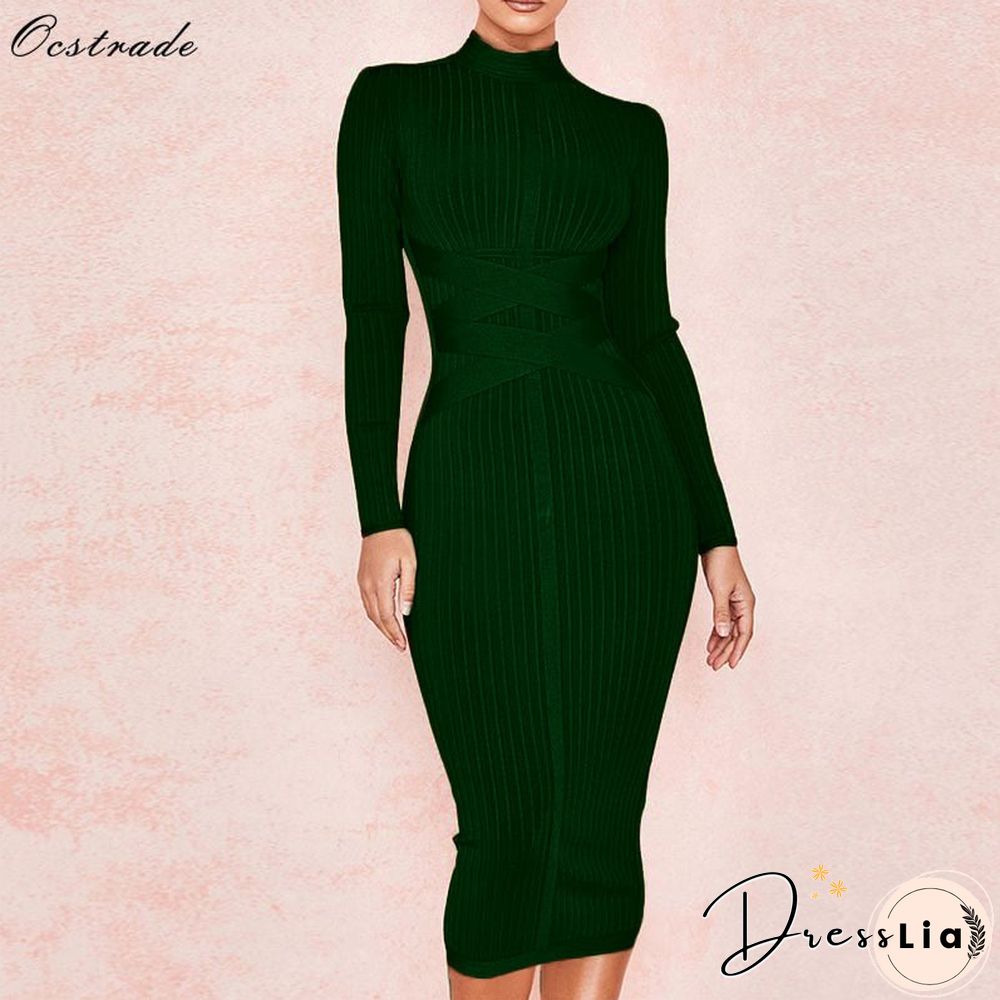 Ocstrade Bodycon Dress Nude Turtleneck Rayon Long Sleeve Bandage Dress High Quality Ribbed Womens Midi Bandage Dress Sexy