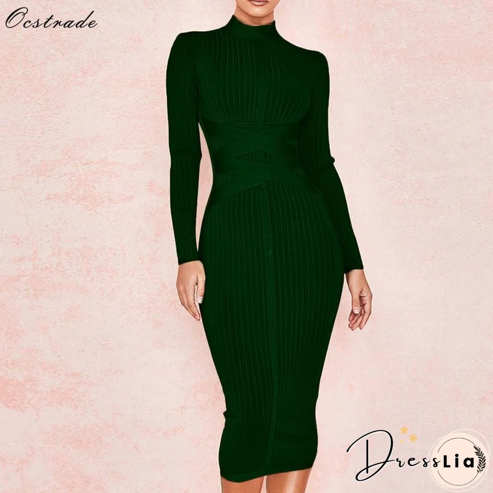 Ocstrade Bodycon Dress Nude Turtleneck Rayon Long Sleeve Bandage Dress High Quality Ribbed Womens Midi Bandage Dress Sexy